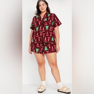 Old Navy Flannel Old World Santa Christmas Holiday Pajamas Short Set XL NWT